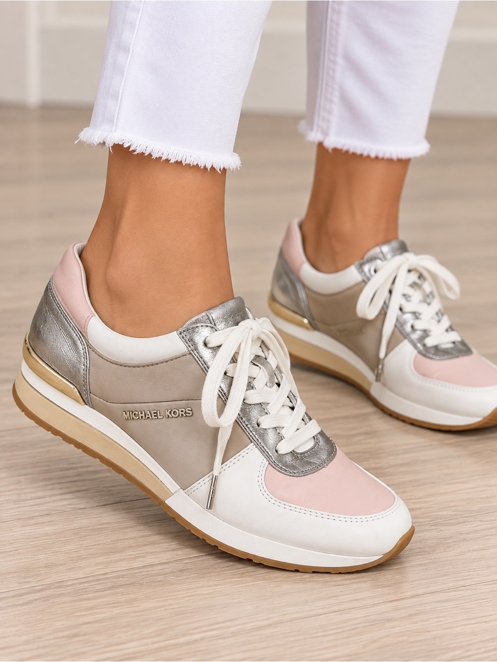 Michael KORS ALLIE sneakers Cement Soft Pink Silver Gray Leather 6.5 medium